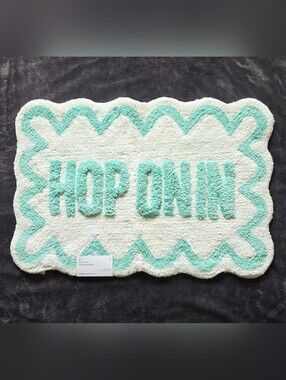 New Easter Bunny Brights Hop on In Scalloped Bath Rug, 20 × 30 in, white & teal